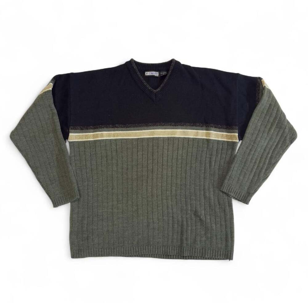 X-Treme Gear V-Neck Knit Sweater Size XL Green Black Acrylic